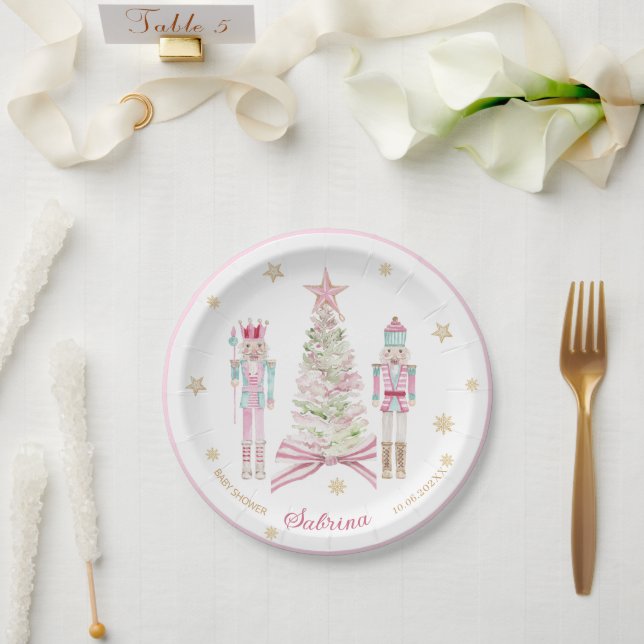 Prato De Papel  Watercolor Merry Christmas Nutcracker ballet pink (Casamento)