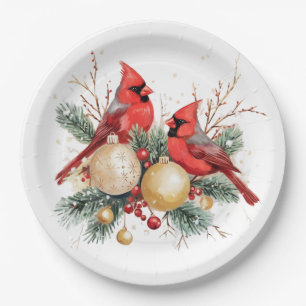 Prato De Papel Watercolor Merry Christmas Red Cardinal & Berries