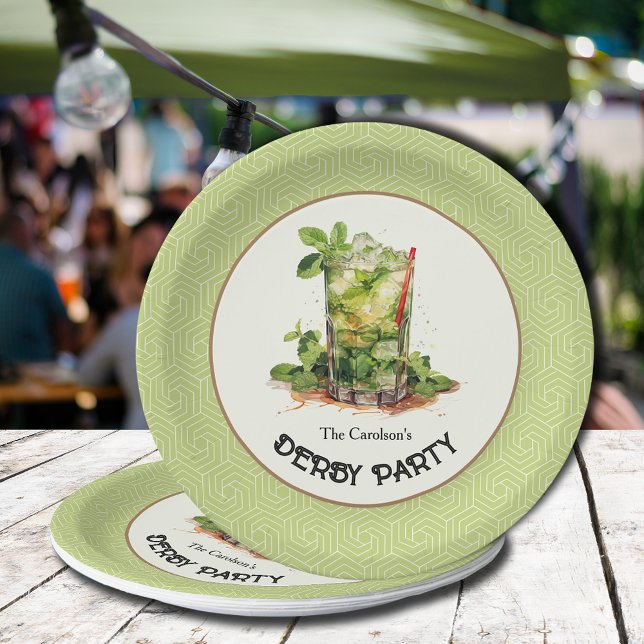 Prato De Papel Watercolor Mint Julep Derby Party (Watercolor Mint Julep Derby Party Paper Plates)