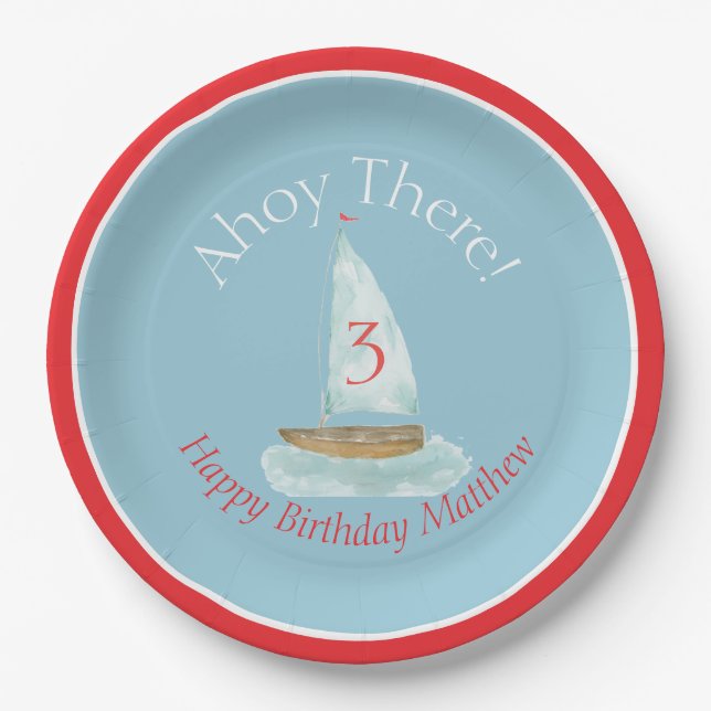 Prato De Papel Watercolor Nautical Sailboat Birthday  (Frente)