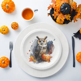 Prato De Papel Watercolor Owl Halloween