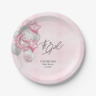 Prato De Papel Watercolor Pink Balloons Its A Girl Baby Shower