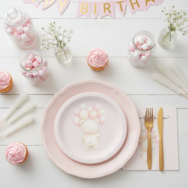 Prato De Papel Watercolor Teddy Bear Balloons Baby Shower (Criador carregado)