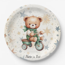 Watercolor Teddy Bear Stars Green Bike Party