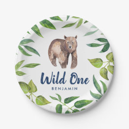 Prato De Papel Watercolor Wild One Bear First Birthday | Branco