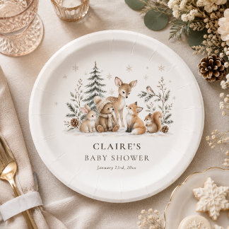 Prato De Papel Watercolor Winter Woodland Animals Baby Shower