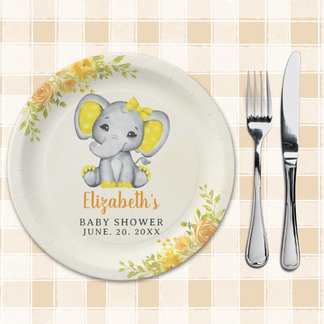 Prato De Papel Watercolor Yellow Elephant Baby shower Girl (Criador carregado)