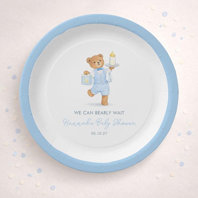 Prato De Papel We Can Bearly Wait Cute Blue Boy Teddy Baby Shower (Criador carregado)