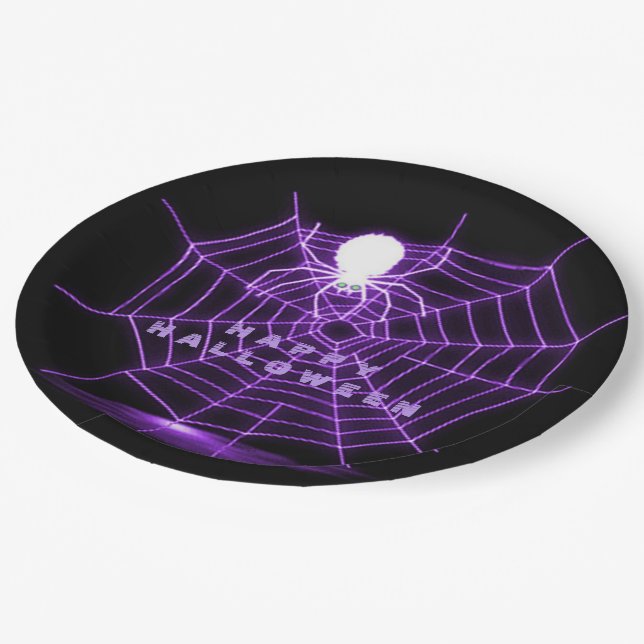 Prato De Papel Web de aranha de Halloween Preto e Roxo (Inclinado)
