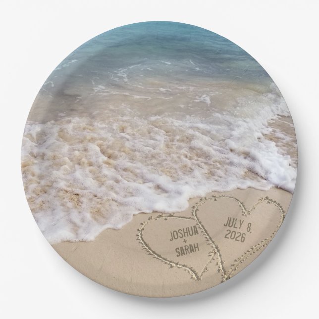 Prato De Papel Wedding Beach Hearts com Nomes (Frente)