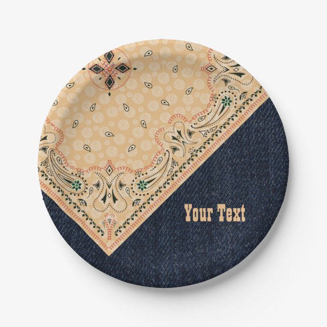 Prato De Papel Western Paisley Dourado Bandana Impressão Denim Pa (Frente)