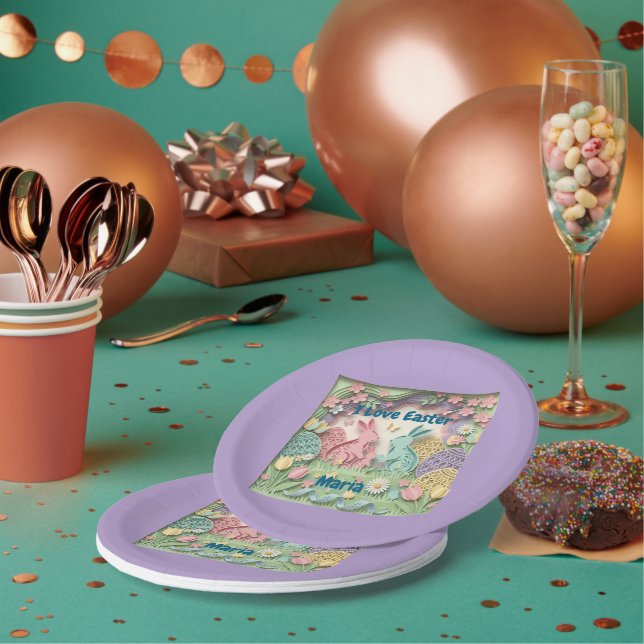 Prato De Papel Whimsical 3D Paper Cut Bunny & Easter Eggs Party  (Múltiplo)