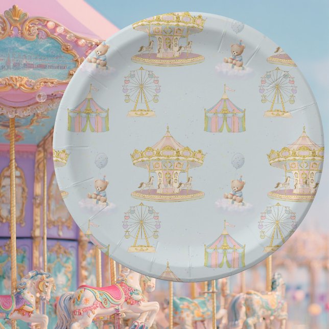 Prato De Papel Whimsical Amusement Park Carousel Baby Shower (Criador carregado)