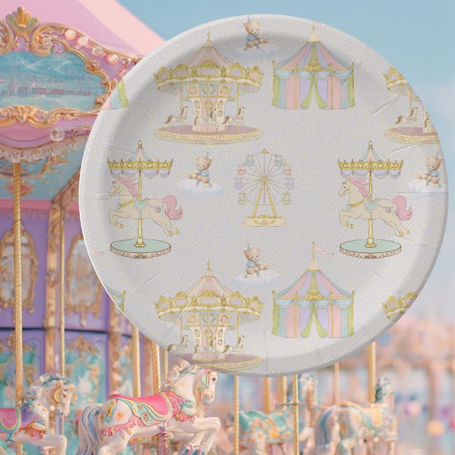Prato De Papel Whimsical Amusement Park Carousel Baby Shower (Criador carregado)