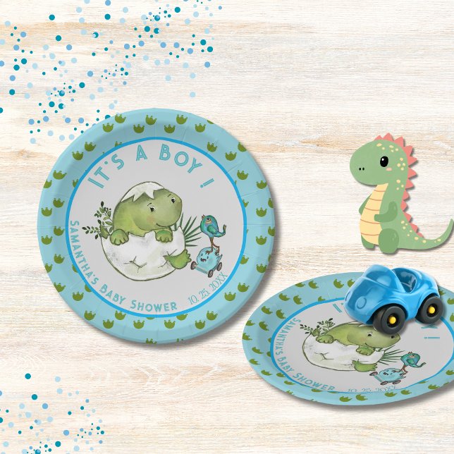Prato De Papel Whimsical Dino Egg Hatch Boy Baby Shower  (Whimsical Dino Egg Hatch Boy Baby Shower Paper Plates)