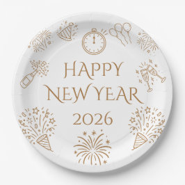 Prato De Papel Whimsical Doodles Gold Happy New Year 2026