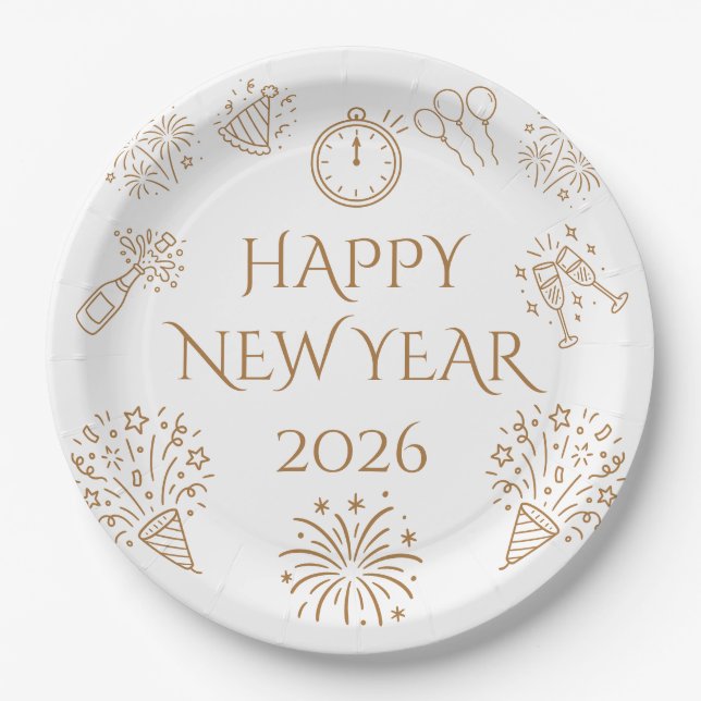 Prato De Papel Whimsical Doodles Gold Happy New Year 2026 (Frente)
