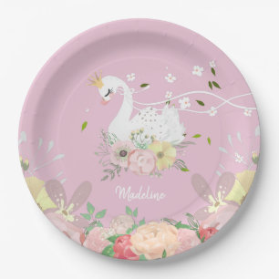 Prato De Papel Whimsical Floral Swan Birthday