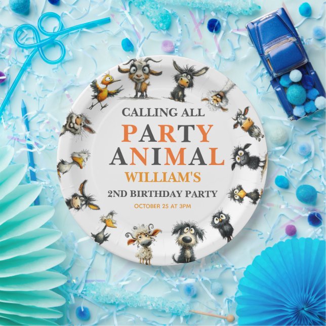 Prato De Papel Whimsical Funny Animals 2nd Birthday Party (Festa)