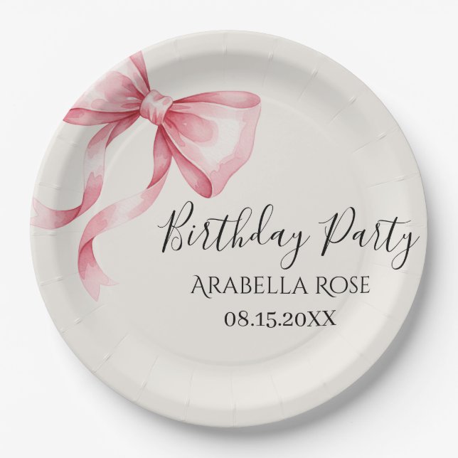 Prato De Papel Whimsical Pink Bow Birthday Party (Frente)
