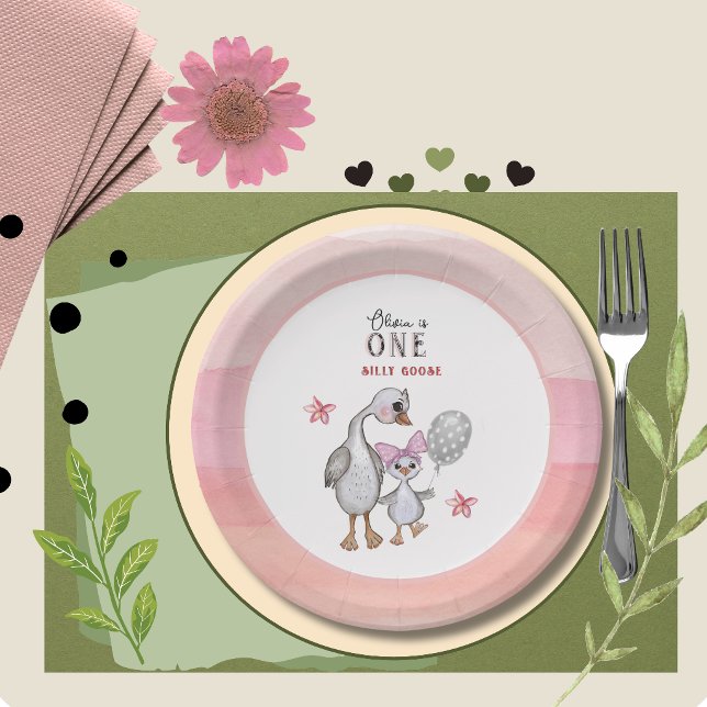 Prato De Papel Whimsical Silly Goose 1st Birthday Paper Plates  (Whimsical Silly Goose 1st Birthday Paper Plates )