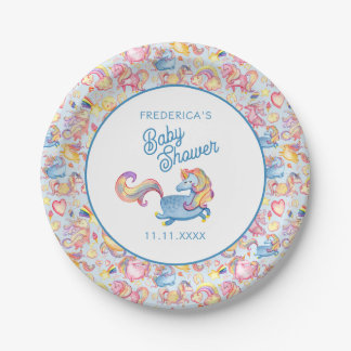 Prato De Papel Whimsical Unicorns Boy Baby Shower