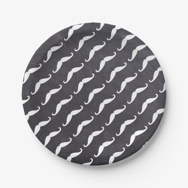 Prato De Papel White Mustache Pattern on Chalkboard Little Man (Frente)