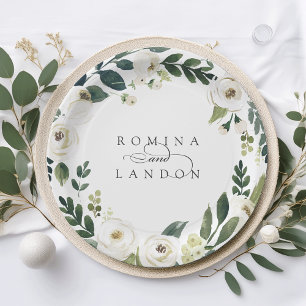 Prato De Papel White Peony Casamento Floral Personalizado
