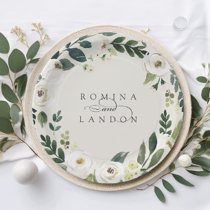 Prato De Papel White Peony Casamento Floral Personalizado