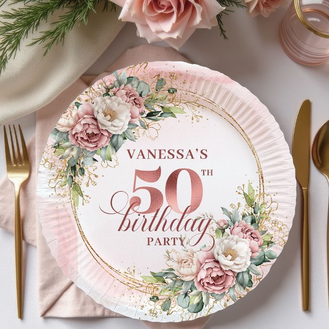 Prato De Papel White Peony Rose Gold 50th Birthday Paper Plates (White Peony Rose Gold 50th Birthday Paper Plates)