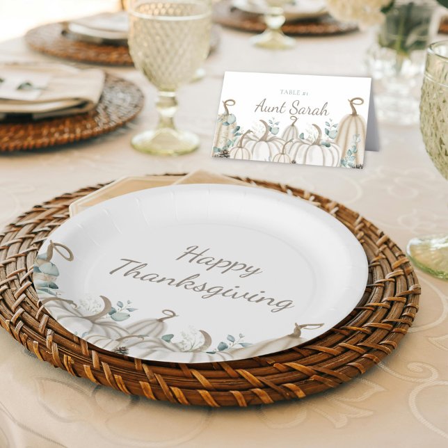 Prato De Papel White Pumpkins Modern Farmhouse Feliz Ação de Graç (Simple Elegant Rustic Farmhouse White Pumpkin Happy Thanksgiving Editable Paper Plates for Fall )