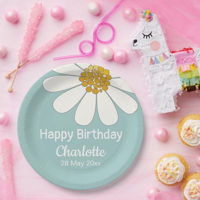 Prato De Papel White Retro Modern Daisy Flower Personalizado Aniv (Festa)