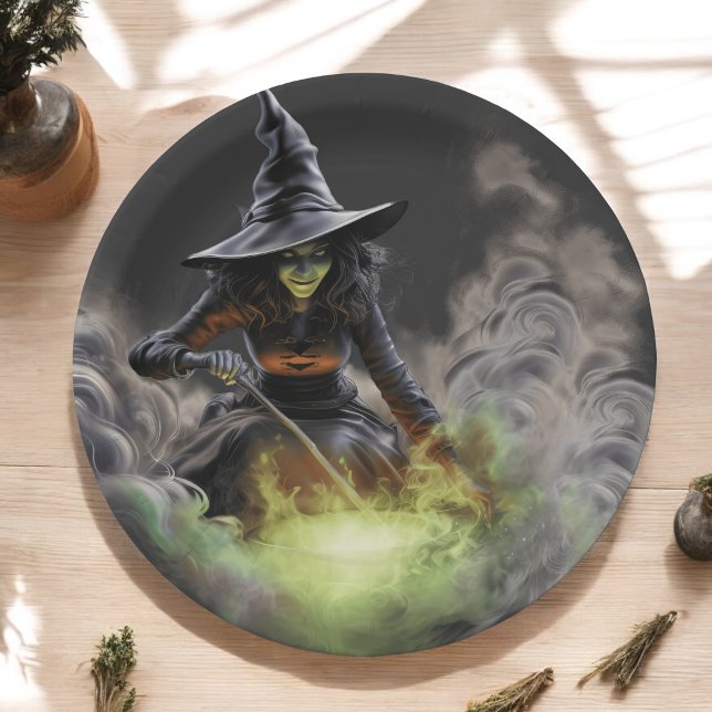 Prato De Papel Wicked Halloween Witch Stirring Boiling Cauldron (Criador carregado)
