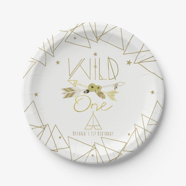 Prato De Papel WILD ONE Dourado e Branco Boho 1º Aniversário QUAL (Frente)