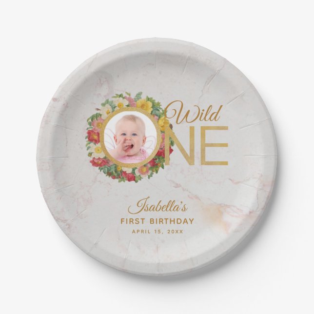 Prato De Papel Wild One Photo Rosa Wreath First Birthday Marble (Frente)
