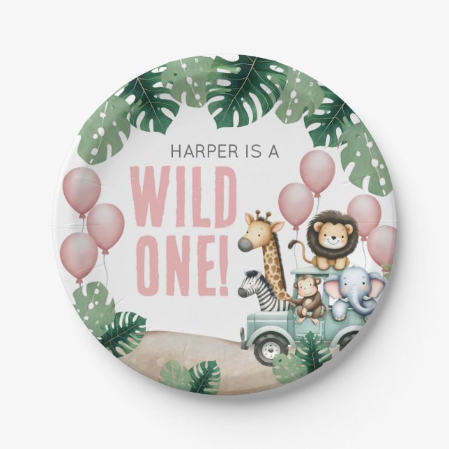 Prato De Papel Wild One Pink Safari 1st Birthday (Frente)