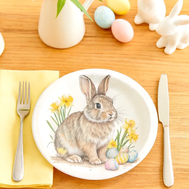 Prato De Papel Wild Rabbit Easter Eggs and Daffodil Flowers  (Darling Easter bunny paper plate, perfect for your holiday gatherings )