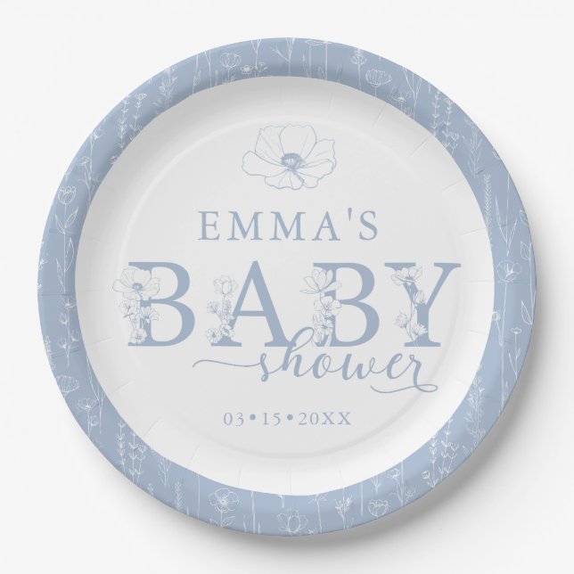 Prato De Papel Wildflower Baby Shower | Dusty Blue Floral Plate (Frente)