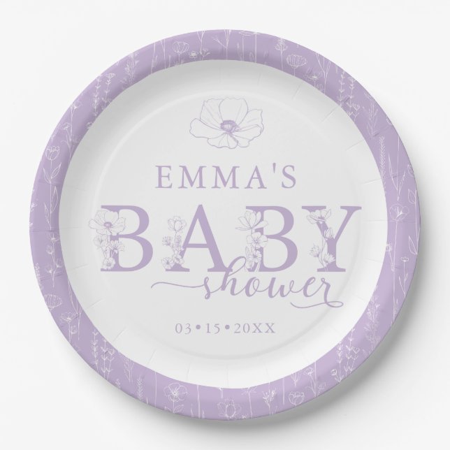 Prato De Papel Wildflower Baby Shower | Lavender Floral Plate (Frente)