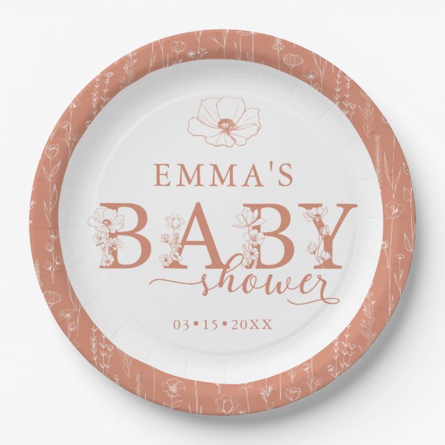 Prato De Papel Wildflower Baby Shower | Terracotta Floral Plate (Frente)