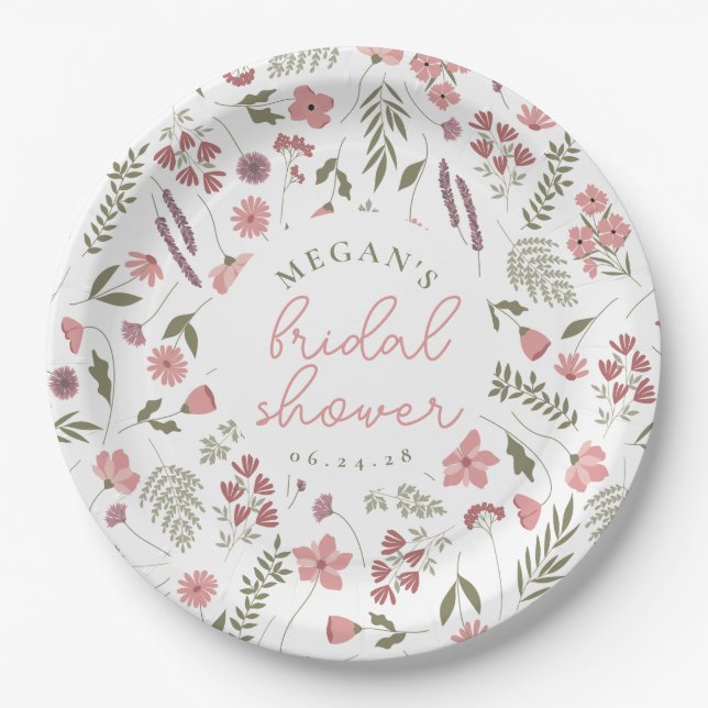 Prato De Papel Wildflower Bridal Shower Paper Plates - Pink (Frente)