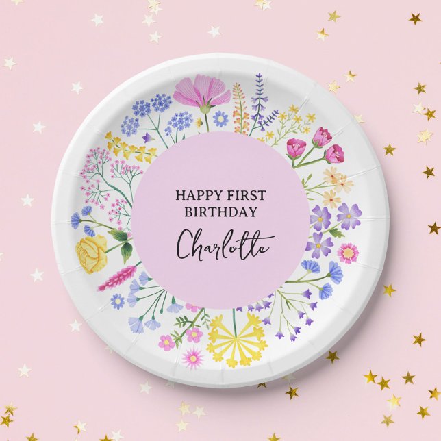 Prato De Papel Wildflower Girls primeiro aniversario Floral Wreat (Dainty Spring Wildflower Girl's First Birthday Paper Plates)