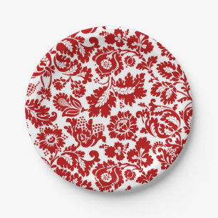 Prato De Papel William Morris Floral Damask, Deep Red and White