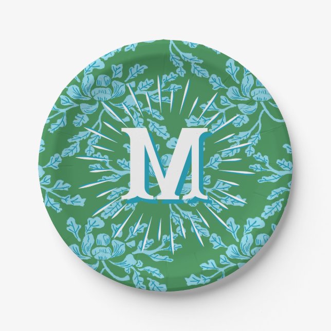 Prato De Papel Winding Peony Woodcut in Green + Aqua Personalized (Frente)