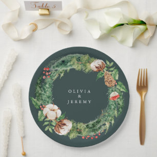 Prato De Papel Winter Cotton and Greens Mongram Wedding