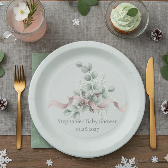 Prato De Papel Winter Eucalyptus Baby Shower (Baby shower paper plate)