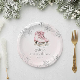 Prato De Papel Winter Ice Skating Birthday Pink Silver Snowflakes