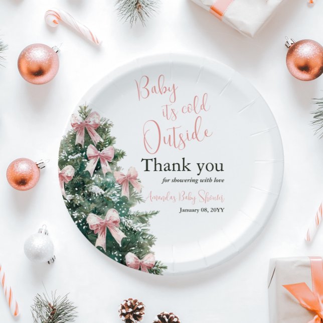 Prato De Papel Winter It's Cold Outside Pink Bow Girl Baby Shower (Criador carregado)
