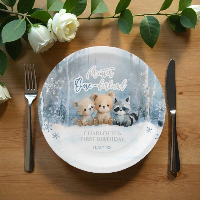 Prato De Papel Winter Onederland Bear Blue First Birthday Party (Criador carregado)