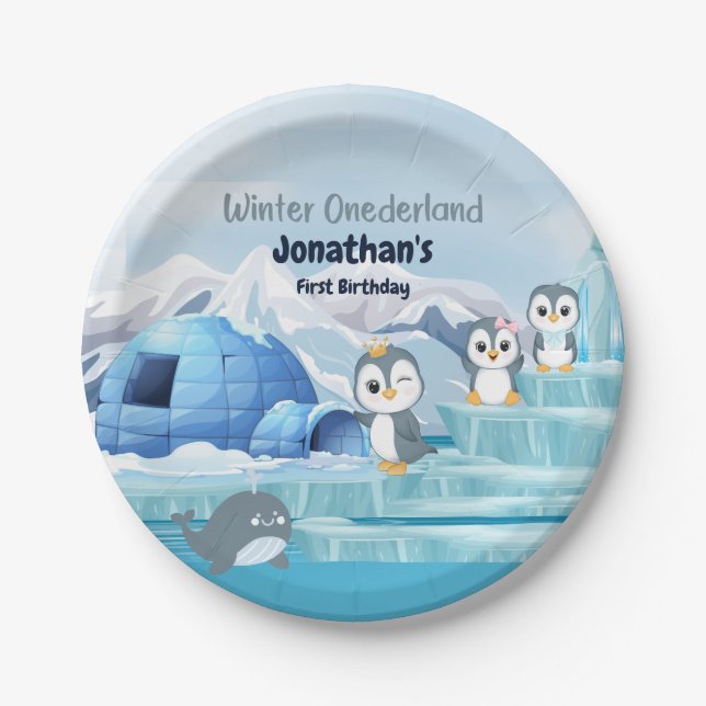 Prato De Papel Winter Onederland First Birthday Cute Penguin Iglo (Frente)